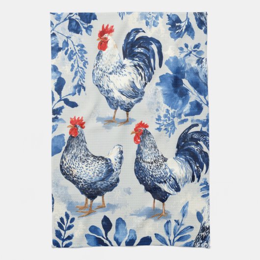 Barnyard Chickens and Botanical Pattern Design Theedoek (Verticaal)