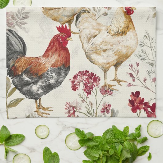 Barnyard Chickens and Botanical Pattern Design Theedoek (Gevouwen)