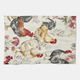 Barnyard Chickens and Botanical Pattern Design Theedoek