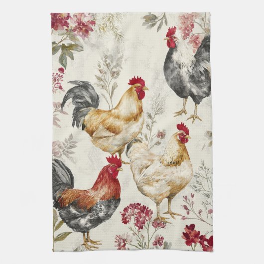 Barnyard Chickens and Botanical Pattern Design Theedoek (Verticaal)