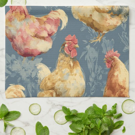 Barnyard Chickens and Botanical Pattern Design Theedoek (Gevouwen)