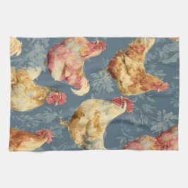 Barnyard Chickens and Botanical Pattern Design Theedoek