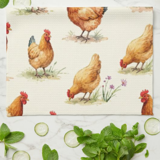 Barnyard Chickens and Botanical Pattern Design Theedoek (Gevouwen)