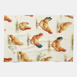 Barnyard Chickens and Botanical Pattern Design Theedoek
