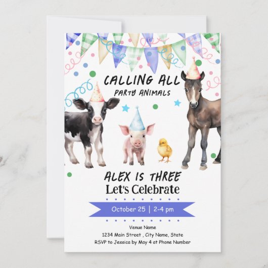 Barnyard Farm Animals 3e verjaardag Kaart (Voorkant)