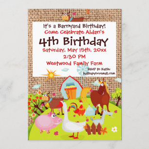 Barnyard Farm Animals Burlap Birthday Invitation Kaart