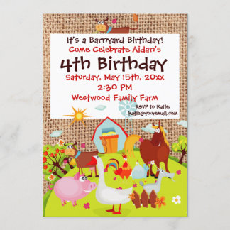 Barnyard Farm Animals Burlap Birthday Invitation Kaart