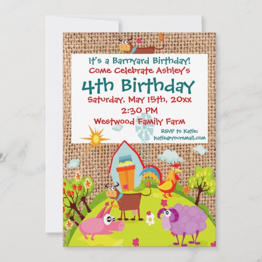Barnyard Farm Animals Burlap Birthday Invitation Kaart (Voorkant)