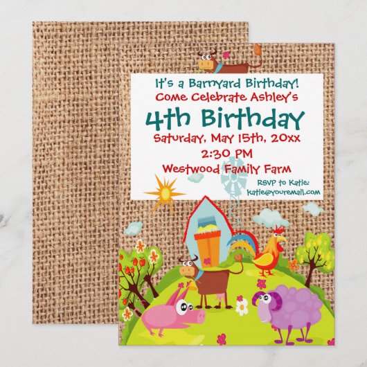 Barnyard Farm Animals Burlap Birthday Invitation Kaart (Voorkant / Achterkant)