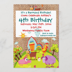 Barnyard Farm Animals Burlap Birthday Invitation Kaart