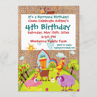 Barnyard Farm Animals Burlap Birthday Invitation Kaart