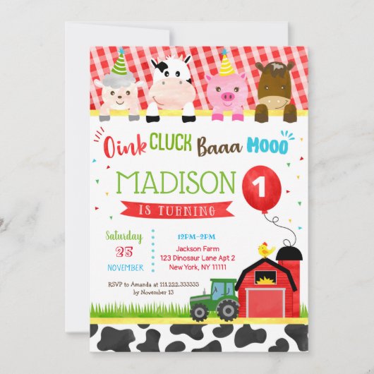 Barnyard Farm Animals Verjaardagsfeestuitnodiginge Kaart (Voorkant)