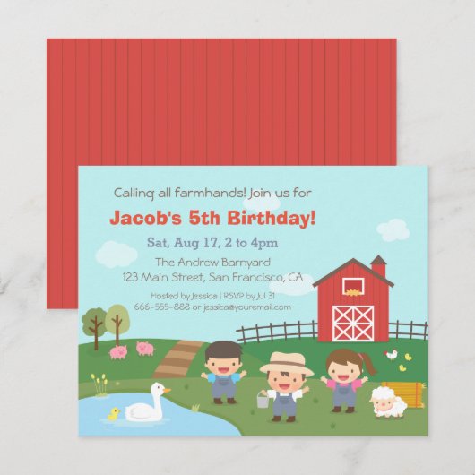 Barnyard Farmhands Kids Birthday Party Invitations Kaart (Voorkant / Achterkant)