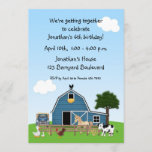 Barnyard Friends Birthday Invitation Kaart<br><div class="desc">Een leuke uitnodiging voor verjaardagsfeestjes met een kerkthema.  Het ontwerp omvat een blauwe schuur en hobbydieren.  Gemakkelijk aan te passen met de details van uw gebeurtenis.  De uitnodigingen komen met witte enveloppen en uw keus van document. Graphics ©http://www.delightful-doodles.com/</div>