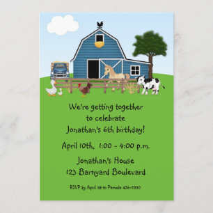 Barnyard Friends, Green, Birthday Invitation Kaart