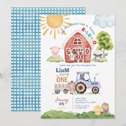 Barnyard Fun 1st Birthday Fotouitnodiging Kaart (Voorkant / Achterkant)