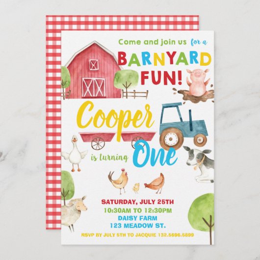 Barnyard Fun 1st Birthday Party Farm Animals Kaart (Voorkant / Achterkant)