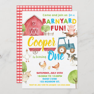 Barnyard Fun 1st Birthday Party Farm Animals Kaart