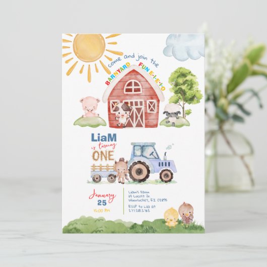 Barnyard Fun 1st Verjaardag Uitnodiging (Staand voorkant)