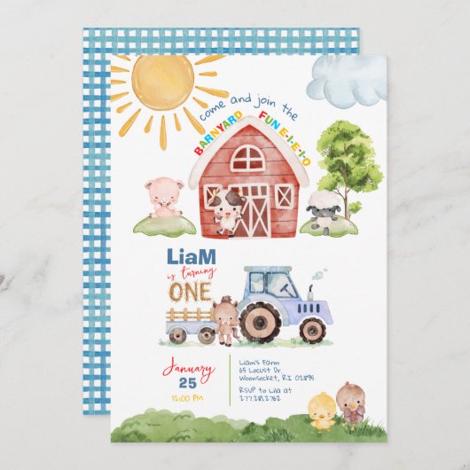 Barnyard Fun 1st Verjaardag Uitnodiging (Voorkant / Achterkant)