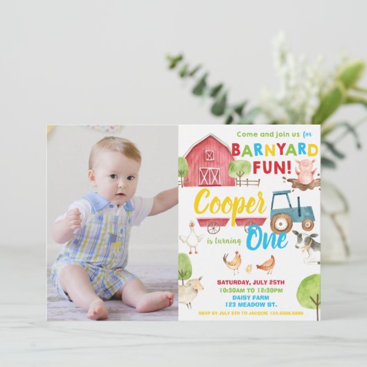 Barnyard Fun Boy Verjaardagsfeestje Boerderijdiere Kaart (Staand voorkant)