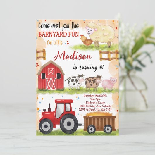 Barnyard Fun Farm Animals Verjaardag Uitnodiging (Staand voorkant)