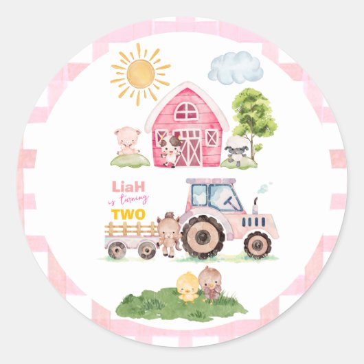 Barnyard Fun Pink 2nd Birthday Ronde Sticker (Voorkant)
