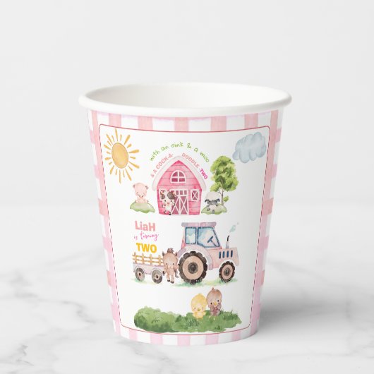 Barnyard Fun Roze 2de Verjaardag Papieren Bekers (Voorkant)