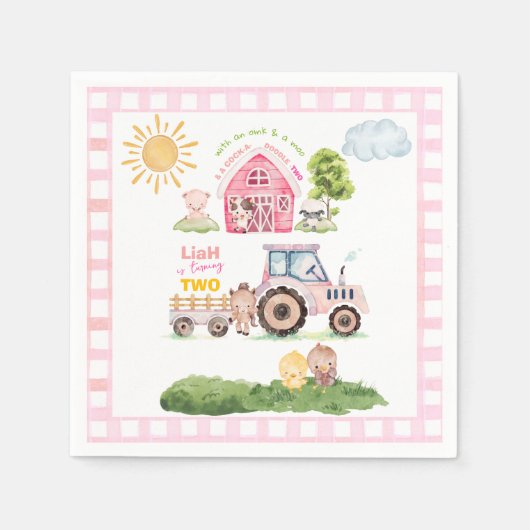 Barnyard Fun Roze 2de Verjaardag Servet (Voorkant)