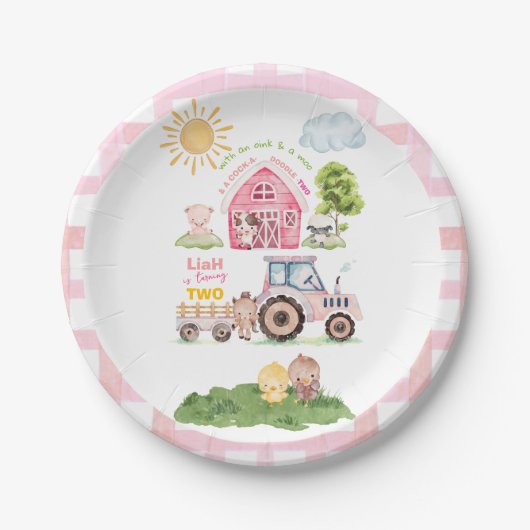 Barnyard Fun Roze 2e Verjaardag Papieren Bordje (Voorkant)