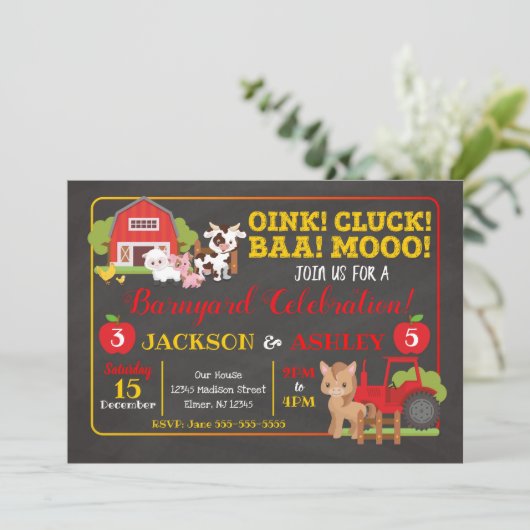 Barnyard Joint Birthday Invitation Kaart (Staand voorkant)