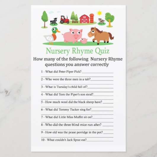Barnyard Nursery Rhyme Quiz baby shower game (Voorkant)