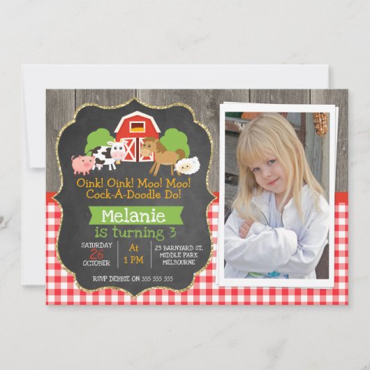 Barnyard Part Chalkboard Photo Birthday Invitation Kaart (Voorkant)