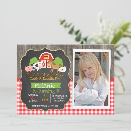 Barnyard Part Chalkboard Photo Birthday Invitation Kaart (Staand voorkant)