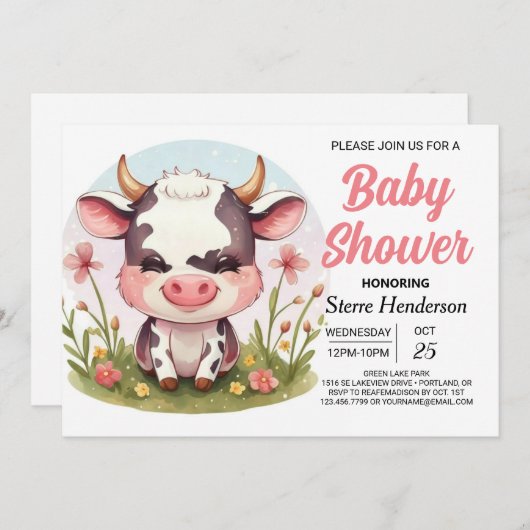 Barnyard Pastel Modern Koe Baby shower Kaart (Voorkant / Achterkant)