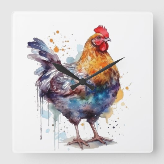 Barnyard Splendor: Waterverf Hen Vierkante Klok (Voorkant)