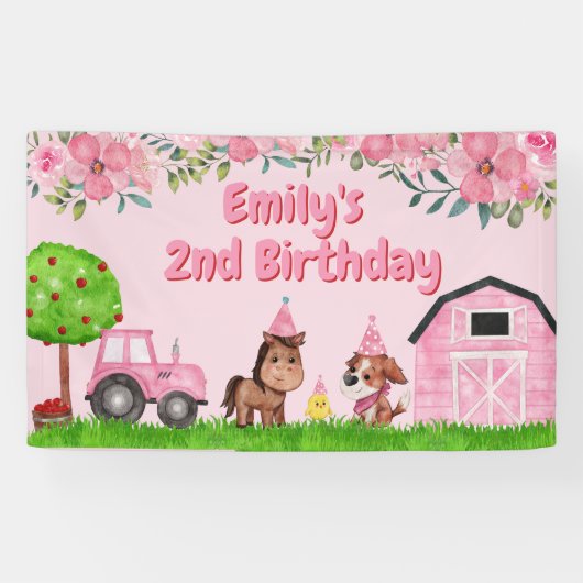 Barnyard Tractor Animals Pink 2e verjaardag Spandoek (Horizontaal)