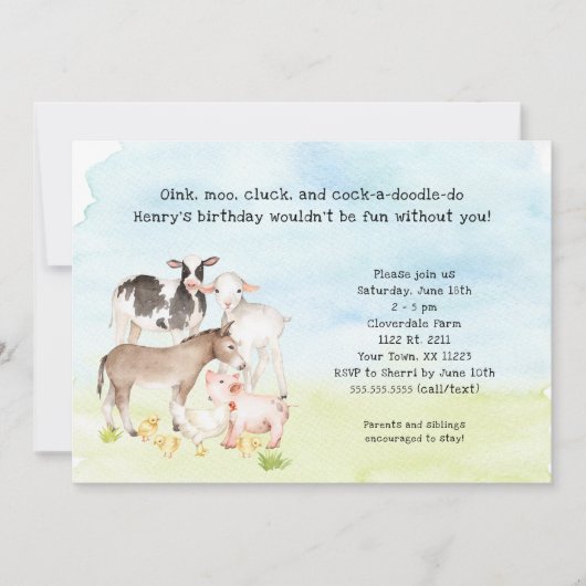 Barnyard verjaardagsfeestje uitnodiging, baby dier kaart (Voorkant)