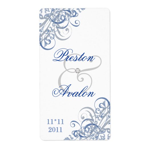 Barok Blauw Scroll Wit Bruiloft Wijn Label (Voorkant)