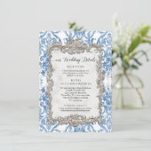 Barok Blauw Wit Bloemen Zilver Details Kaart (Staand voorkant)