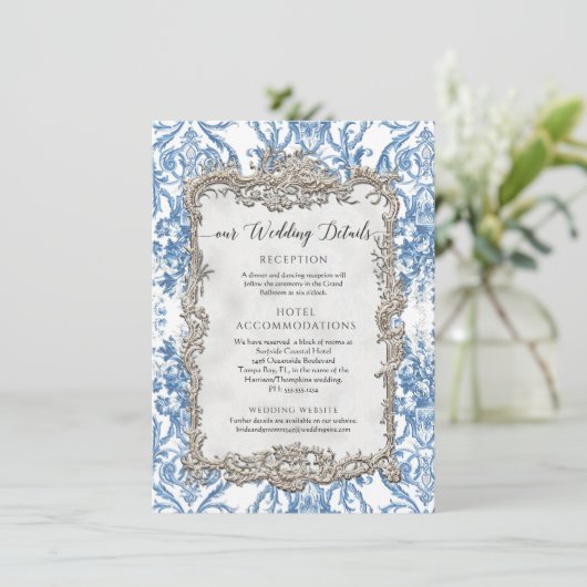 Barok Blauw Wit Bloemen Zilver Details Kaart (Staand voorkant)