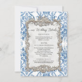 Barok Blauw Wit Bloemen Zilver Details Kaart (Voorkant)