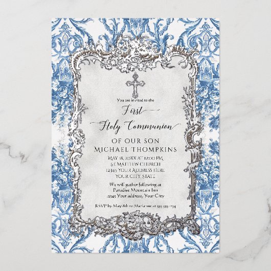 Barok Blauw Wit Zilveren Heilige Communie Folie Uitnodiging (Voorkant)