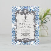 Barok Blauw Wit Zilveren Heilige Communie Folie Uitnodiging (Staand Voorkant)