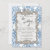 Barok Bloemen Blauw Wit Zilveren Bruiloft Kaart (Voorkant)
