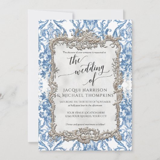 Barok Bloemen Blauw Wit Zilveren Bruiloft Kaart (Voorkant)