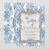 Barok Bloemen Blauw Wit Zilveren Bruiloft Kaart (Voorkant / Achterkant)