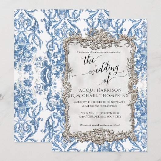  Barok Bloemen Blauw Wit Zilveren Bruiloft Kaart (Voorkant / Achterkant)