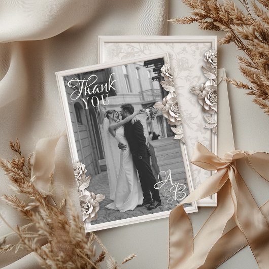  Barok Bloemen Monogram Foto Huwelijk Bedankkaart