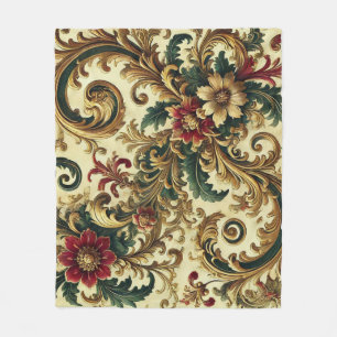 Barok bloempatroon met goud, rood, groen A Fleece Deken